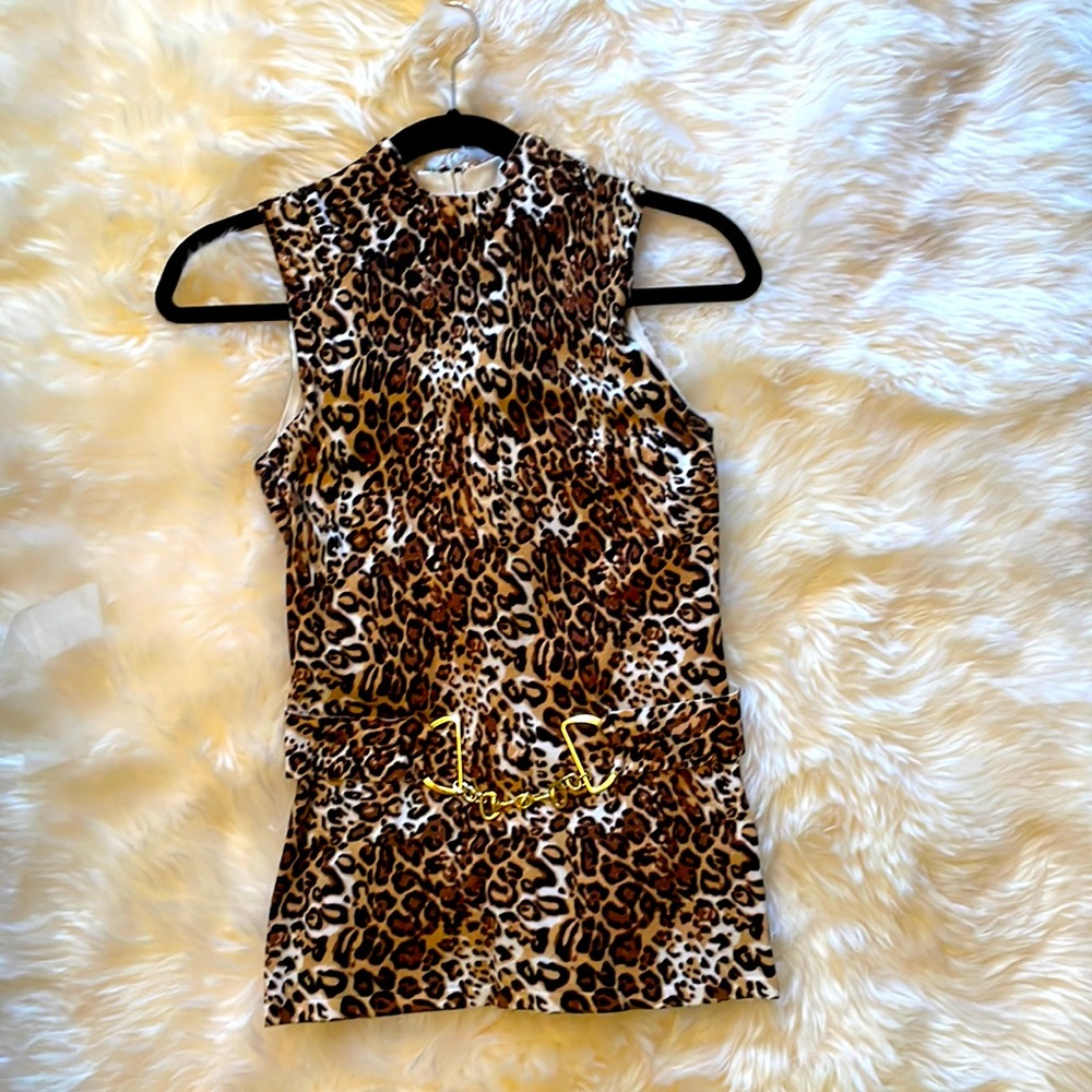 NWOT Fontana Leopard Print Sleeveless Turtleneck w/ Gold Horsebit Belt